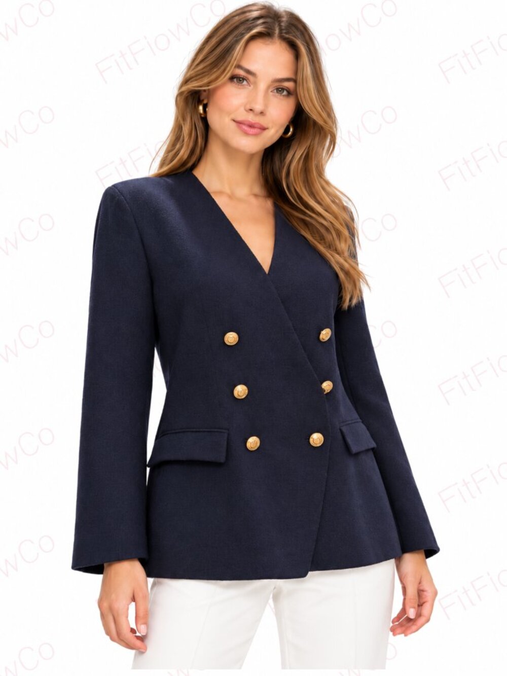 By Design Navy Sweater Knit Double Breasted Blazer Women’s Large Gold Buttons